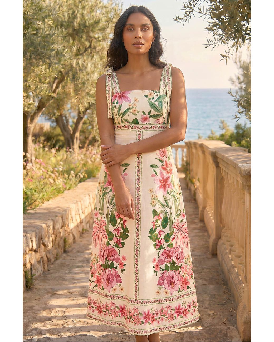 Roman Natural Tropical Print Sequin Midi Dress