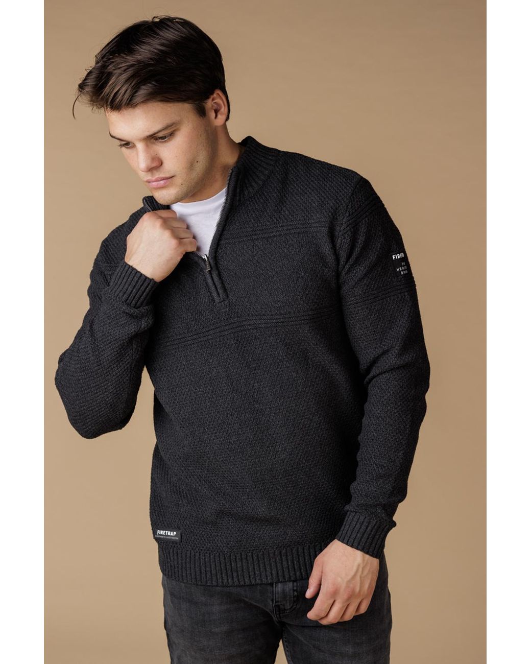 Firetrap Black Cotton Rich Textured Half Zip Jumper for men