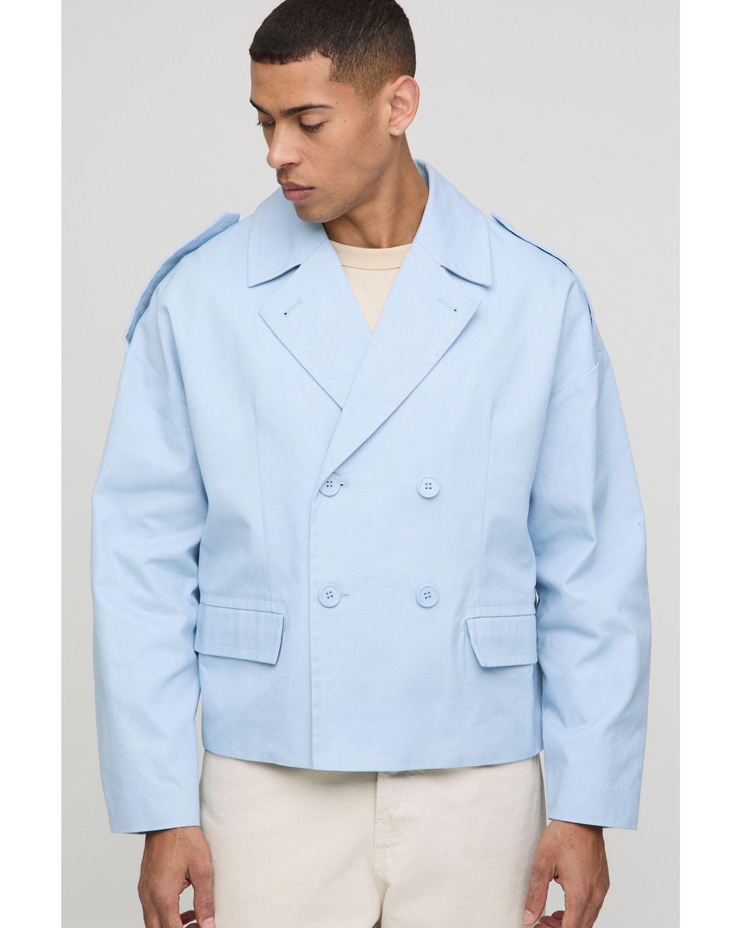 BoohooMAN Blue Oversized Boxy Double Breasted Twill Raincoat Jacket for men