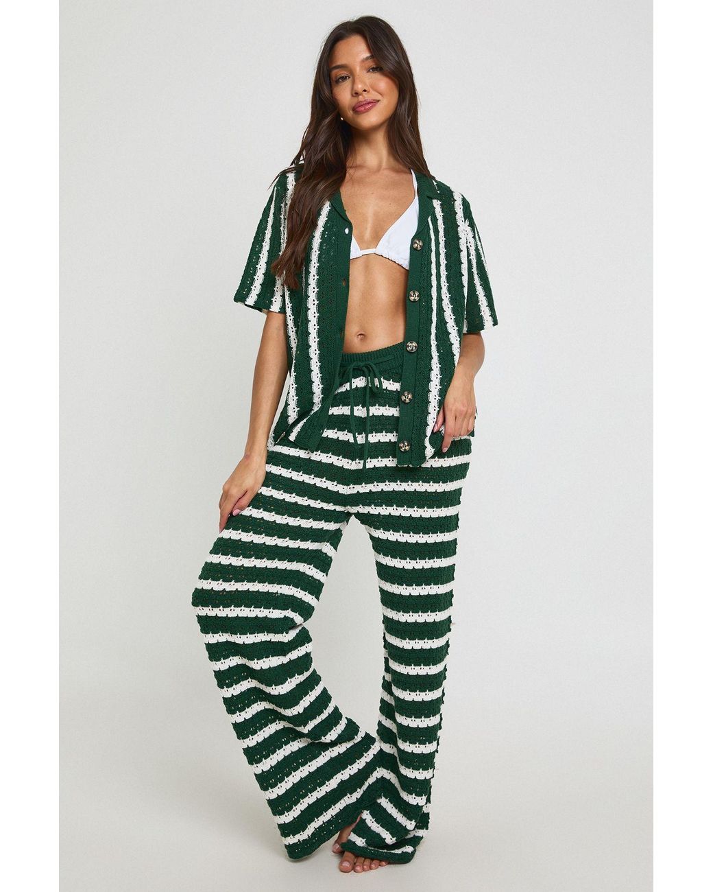 Boohoo Green Chunky Stripe Crochet Oversized Shirt And Trouser Co-Ord