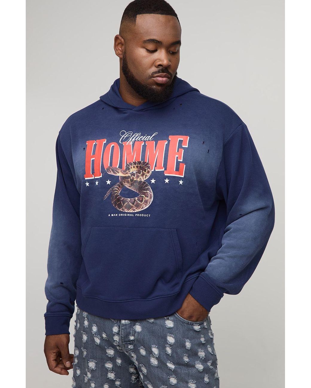 BoohooMAN Blue Plus Oversized Boxy Homme Western Spray Wash Distressed Hoodie for men