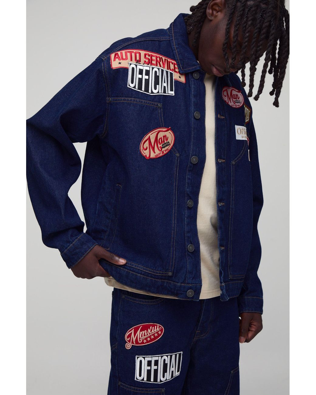 BoohooMAN Blue Varsity Badge Applique Denim Worker Jacket for men