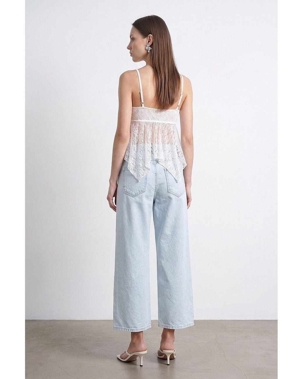 Dilvin Blue High-Waist Wide-Leg Capri Jeans With Lace Detail