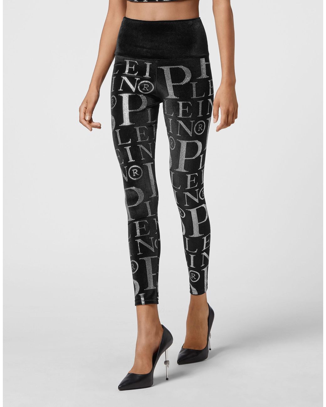 Philipp Plein Velvet Leggings Stones All Over in het Black