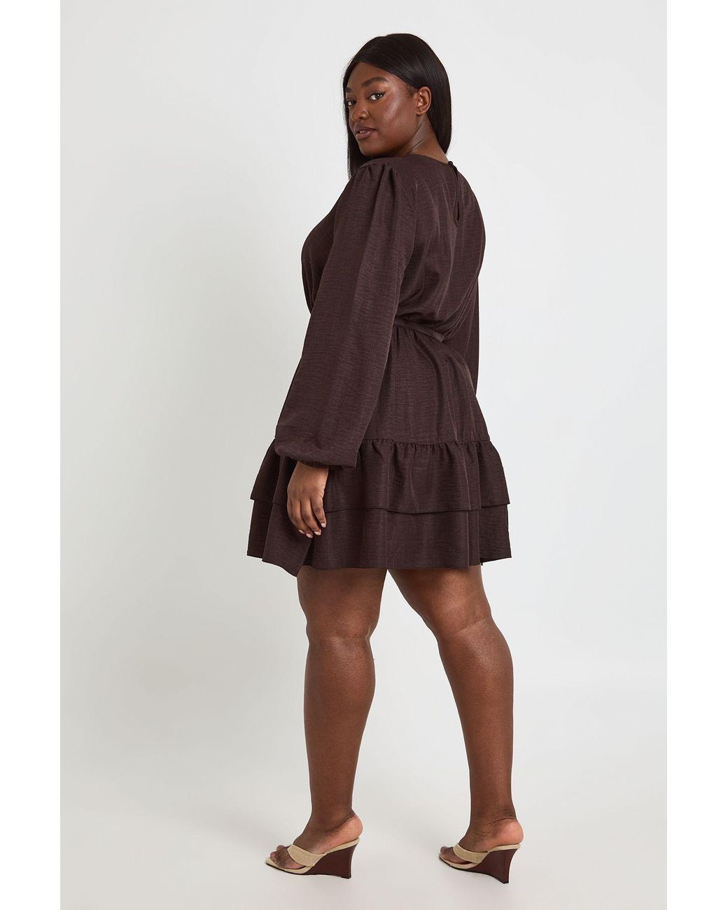 Boohoo Brown Plus Puff Sleeve Smock Dress