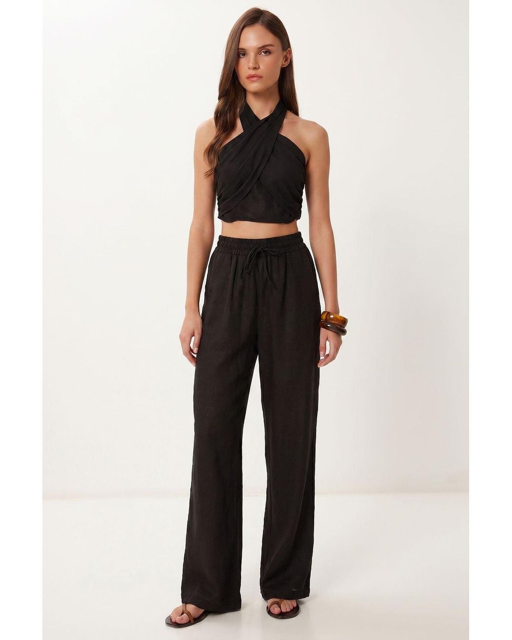 Happiness İstanbul Blue Halter Blouse And Wide-Leg Trousers Set