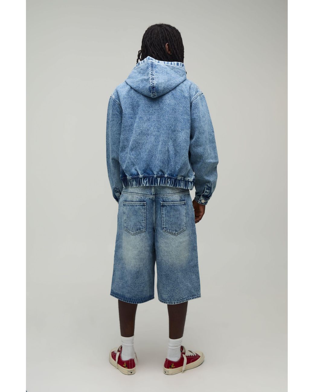 BoohooMAN Blue Moto Badge Boxy Denim Hoodie for men