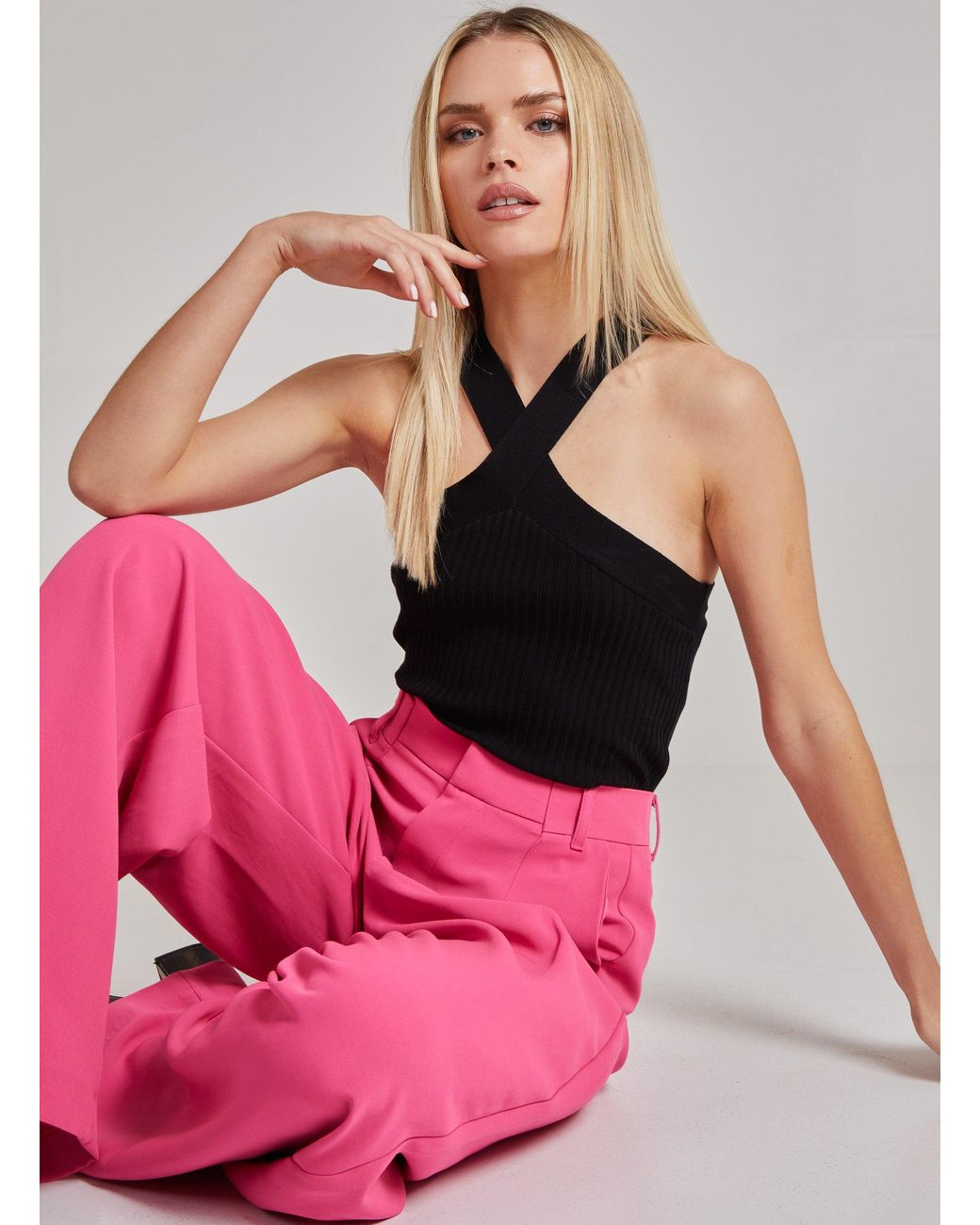 Pink Vanilla Pink Ribbed Sleeveless Halter Neck Top