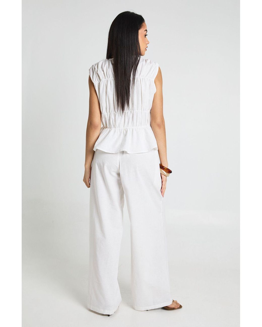 Boohoo White Linen Look Shirred Top & Wide Leg Trouser Co-Ord