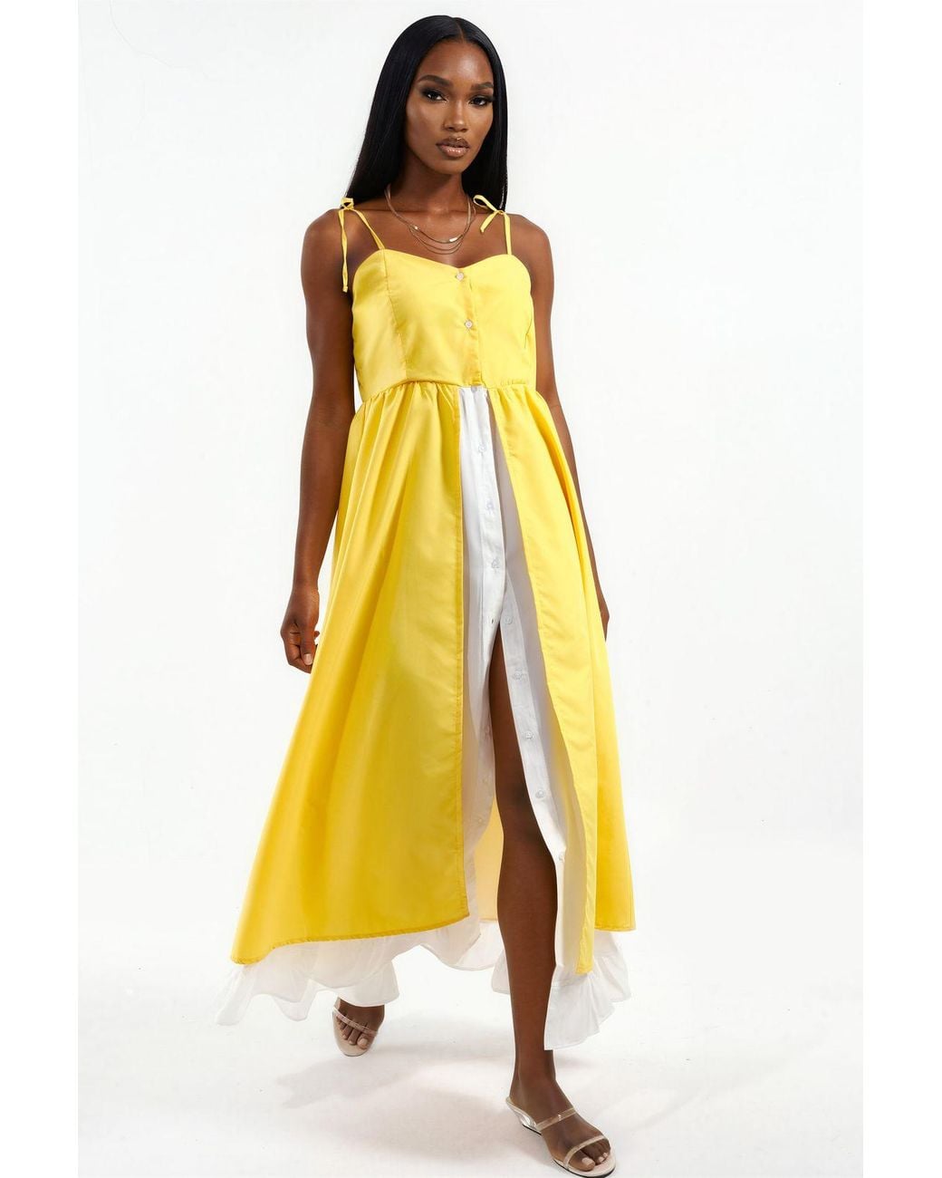 Msn-Collection Yellow Color-Blocked Square-Neck Maxi Dress