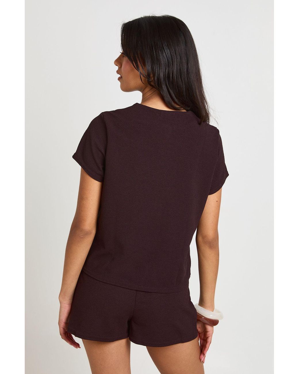 Boohoo Red Rib Short Sleeve Button Through Top And Set