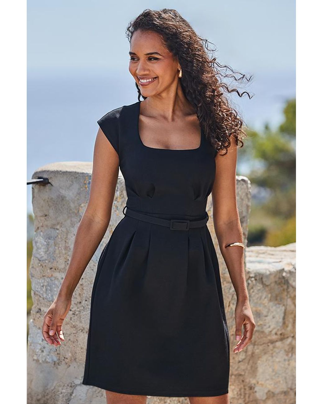 Sosandar Blue Square Neckline Ponte Jersey Dress With Belt