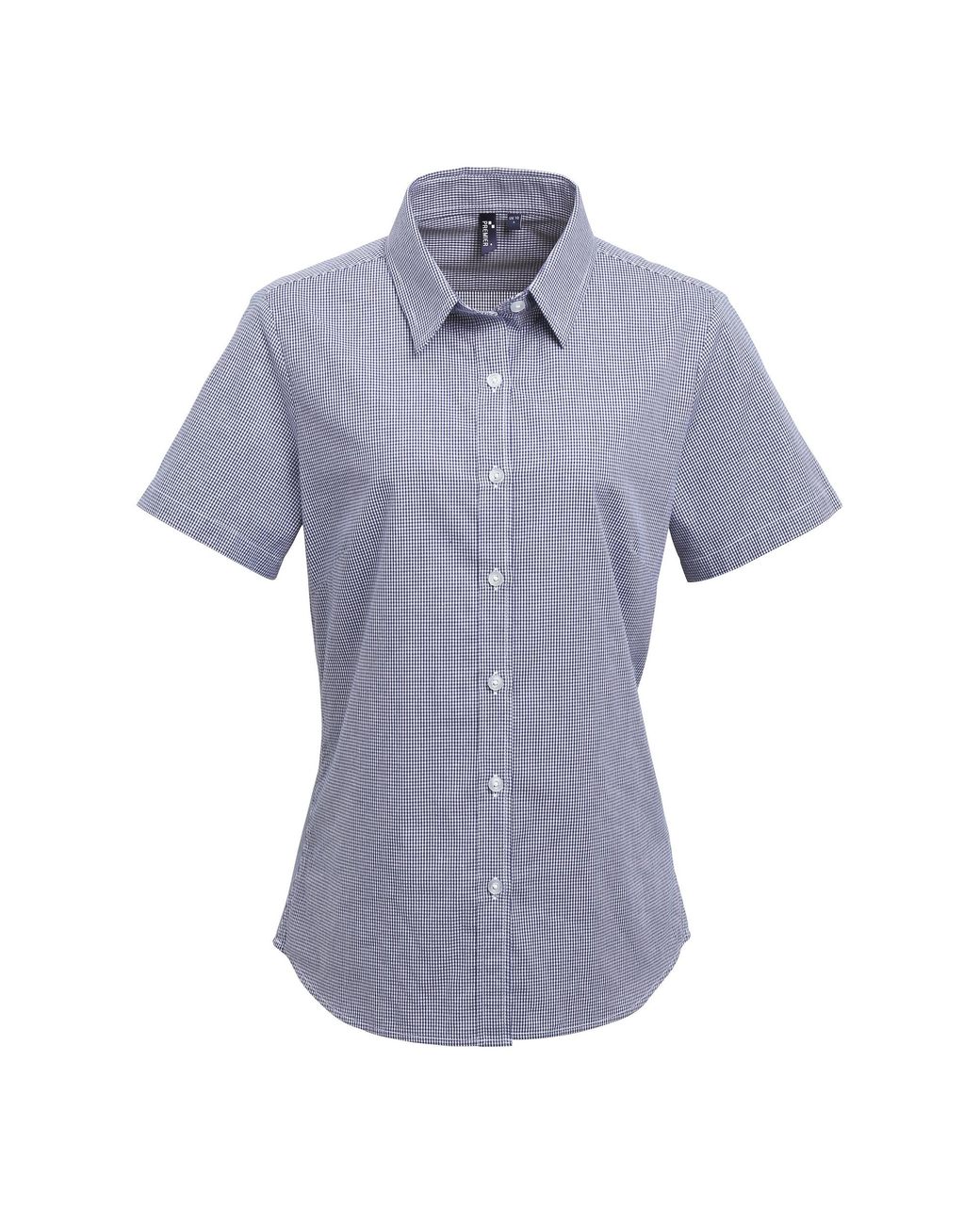 PREMIER Blue Ladies Microcheck Short Sleeve Cotton Shirt