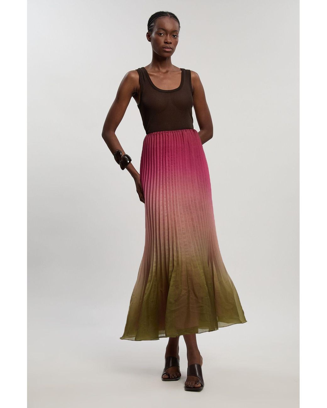 Karen Millen Red Pleated Slub Organdie Woven Maxi Skirt