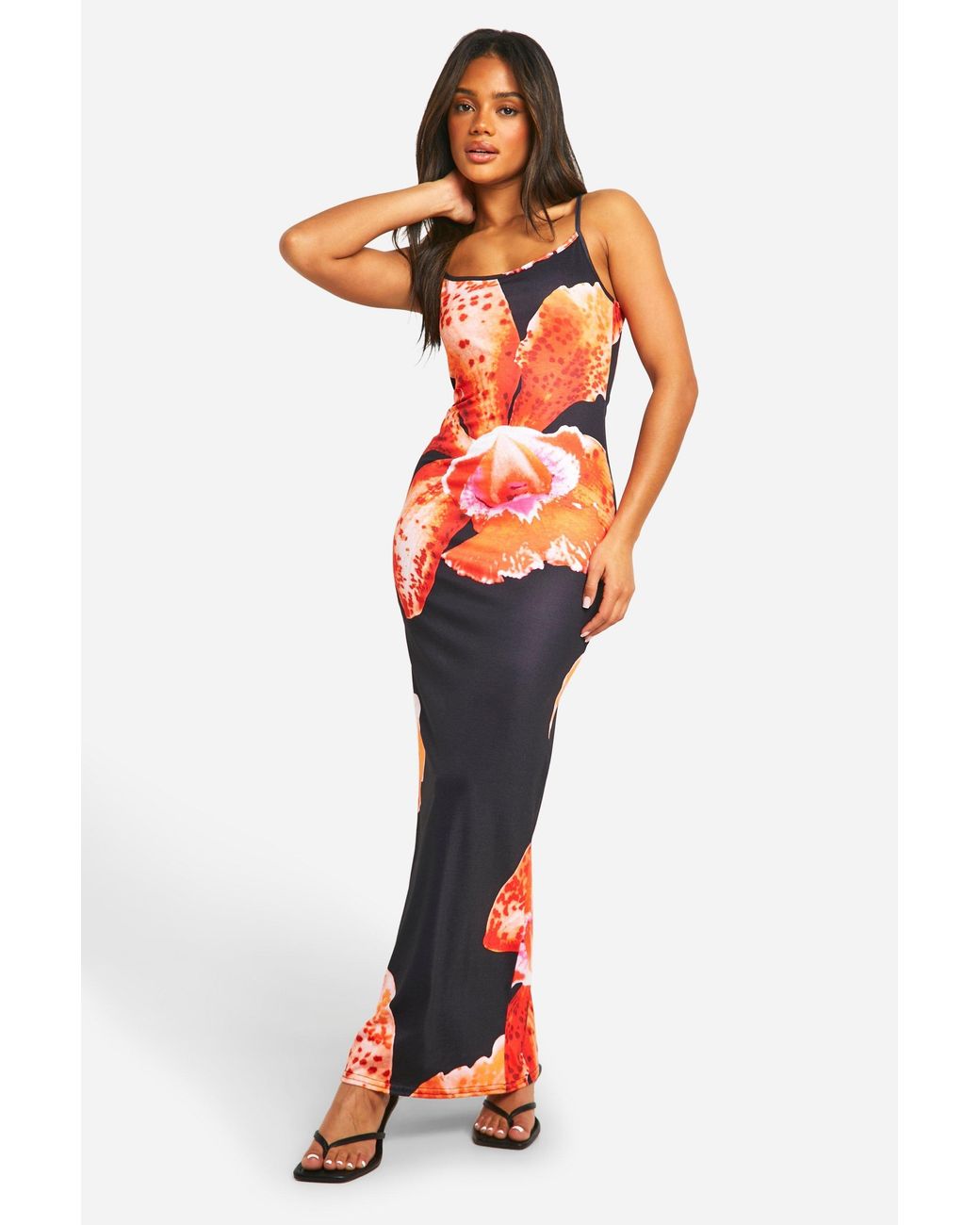 Boohoo Orange Floral Strappy Maxi Dress