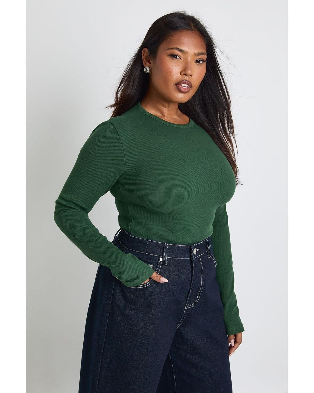 Boohoo Green Plus Basic Rib Long Sleeve Fitted Longline Top