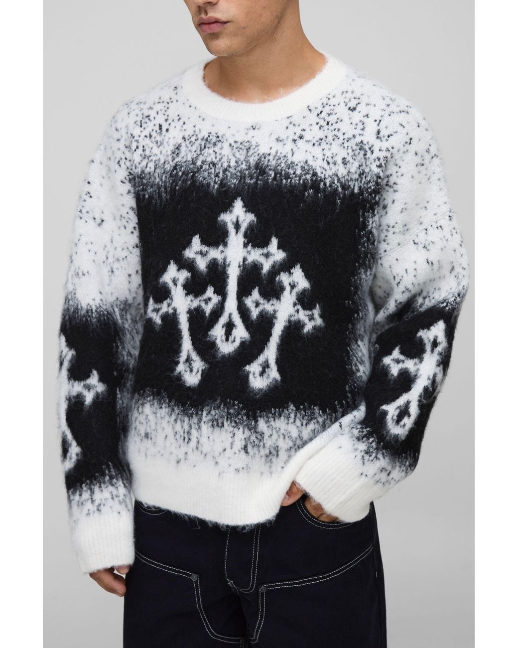 BoohooMAN Gray Oversized Boxy Fit Cross Jacquard Fluffy Knitted Sweater for men