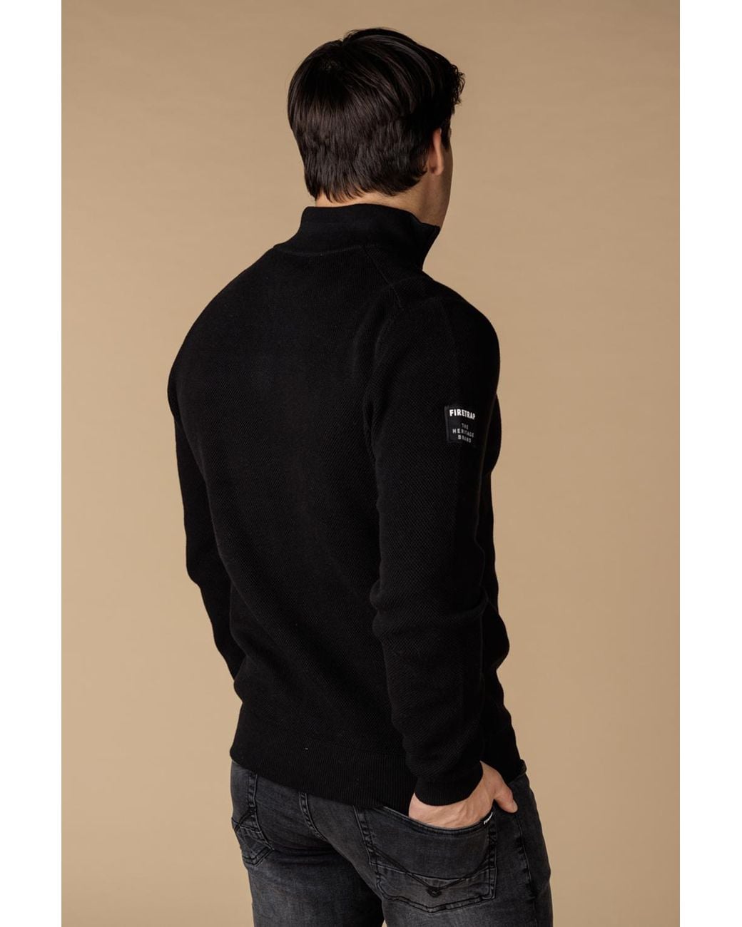 Firetrap Black Cotton Rich Pique Funnel Neck Half Zip Jumper for men