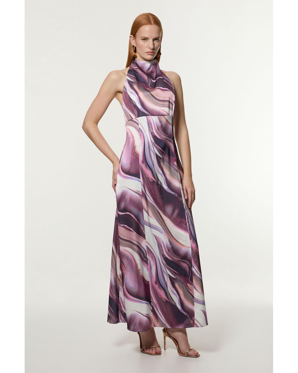Karen Millen Tall Graduated Stripe Viscose Satin Halter Dress in Purple