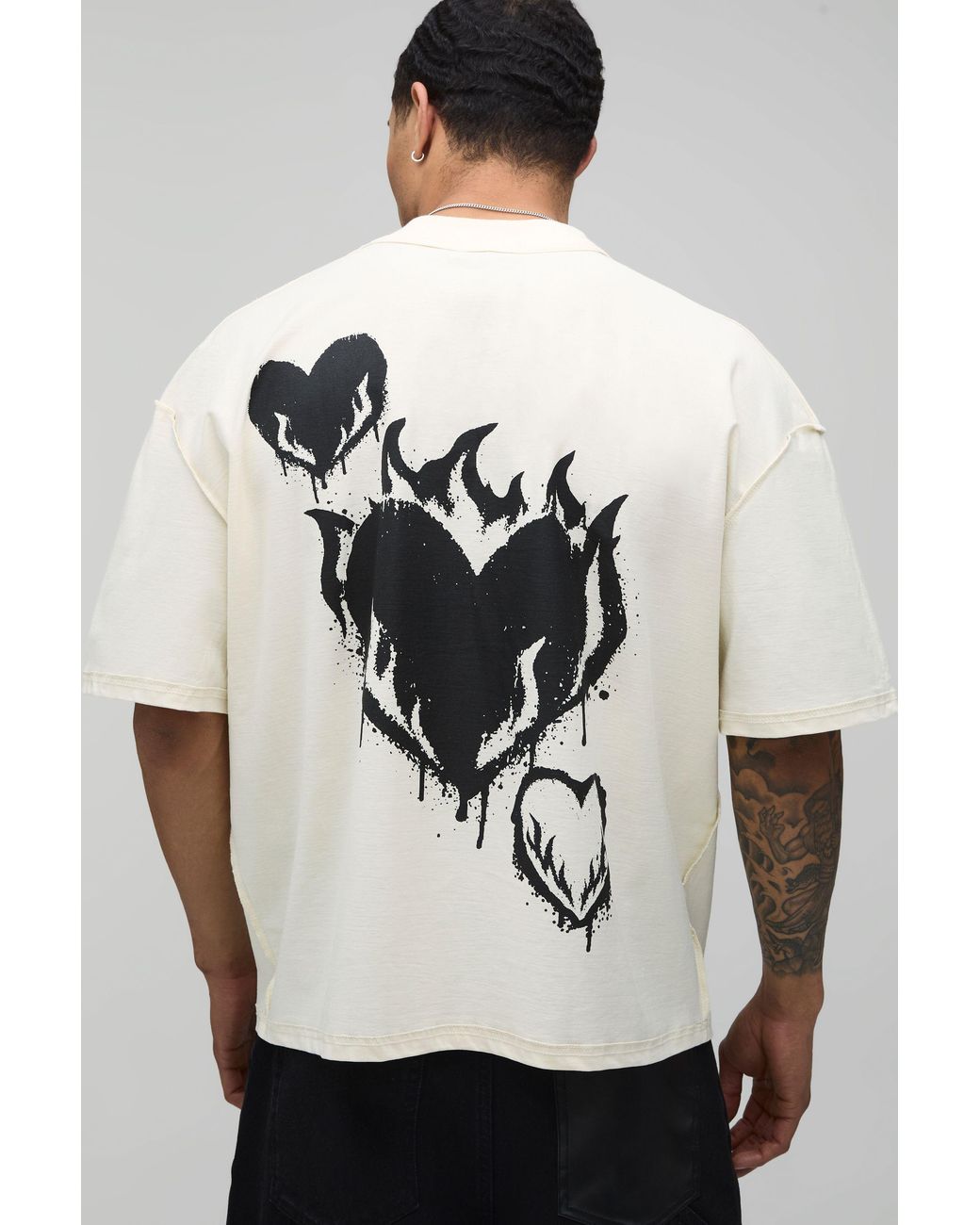 BoohooMAN Black Oversized Boxy Exposed Seam Heart Graffiti Print T-Shirt Cotton for men