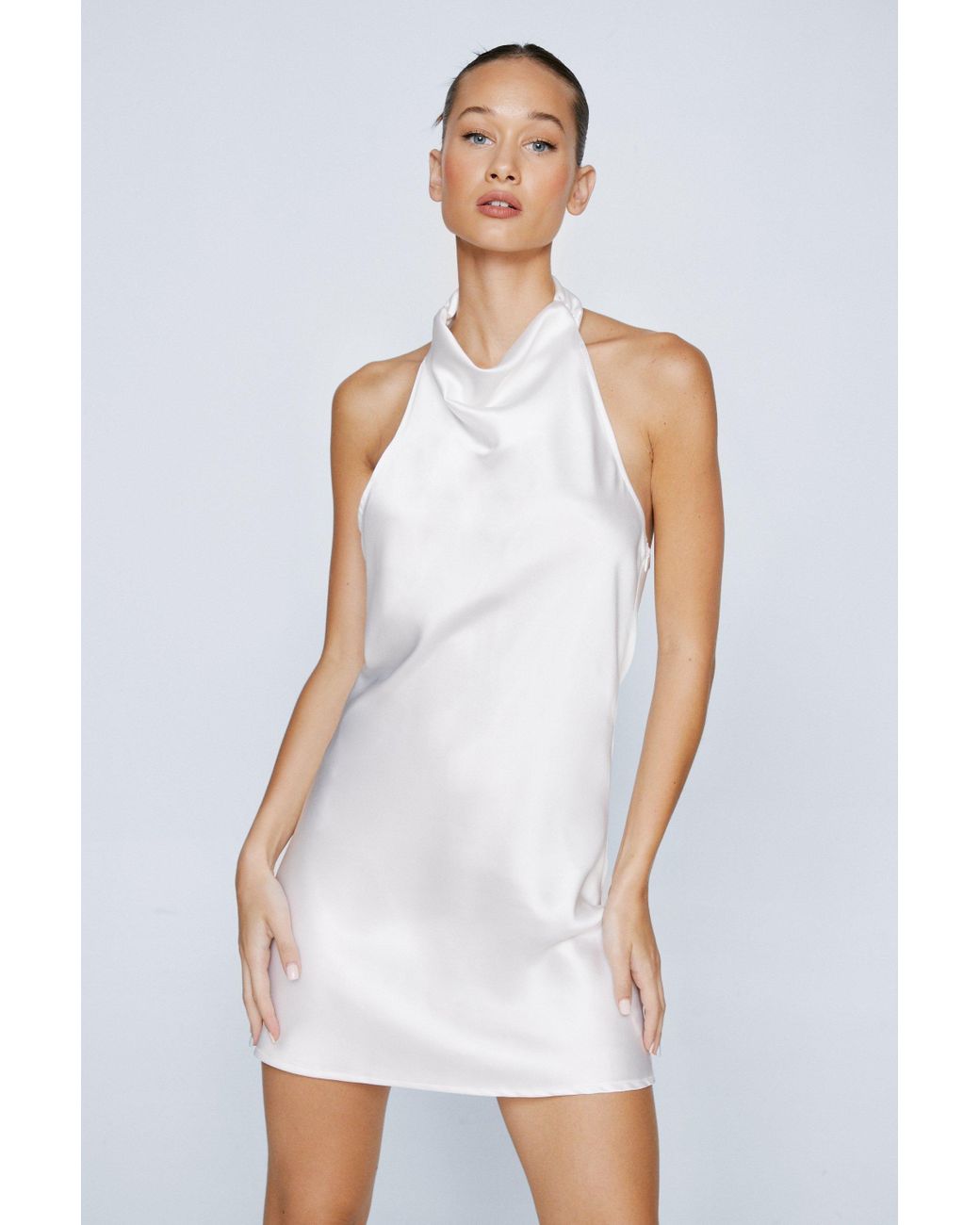 Nasty Gal Petite Satin Cowl Halter Neck Mini Dress in White Lyst UK