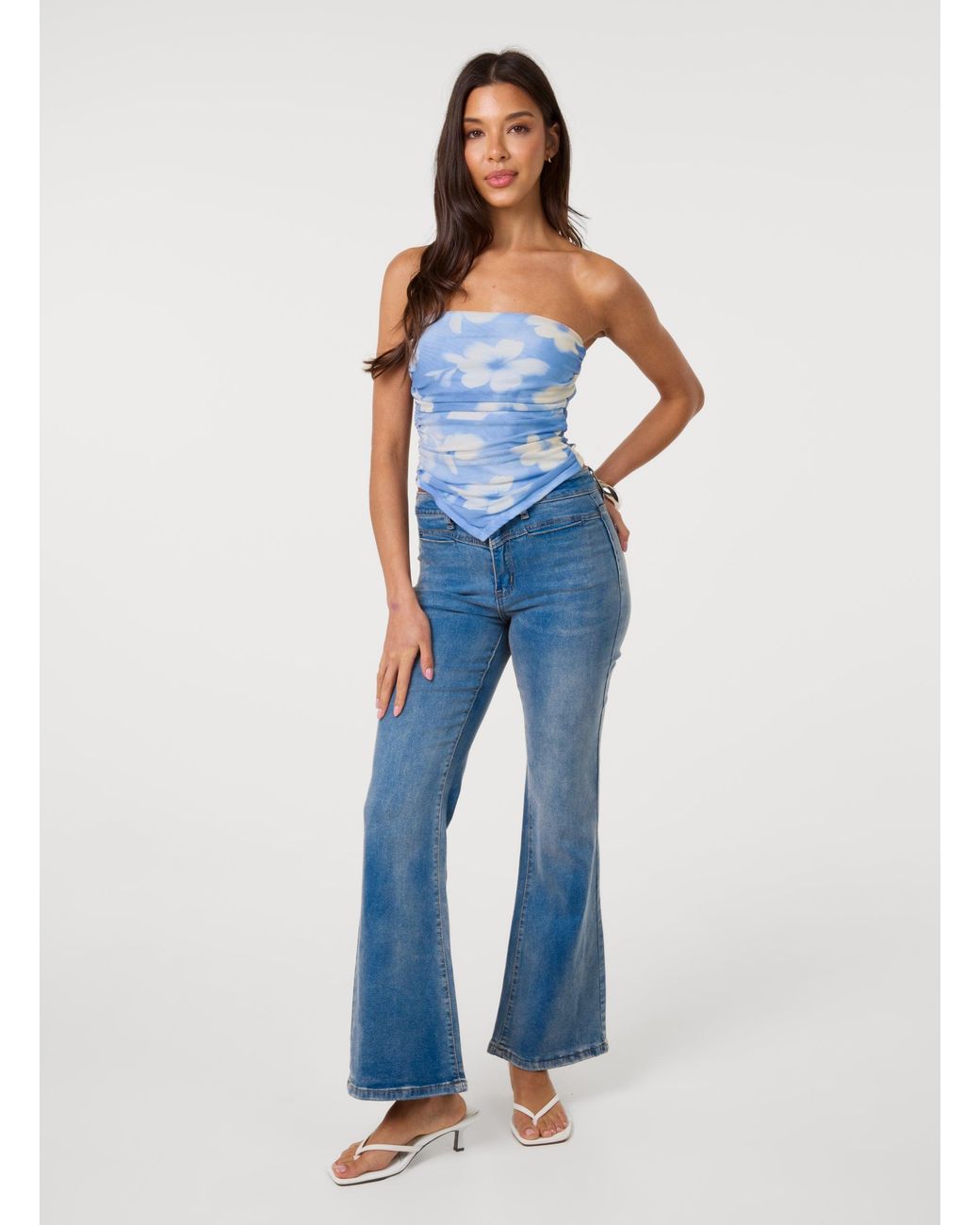 Pink Vanilla Blue Floral Printed Mesh Bandeau Top