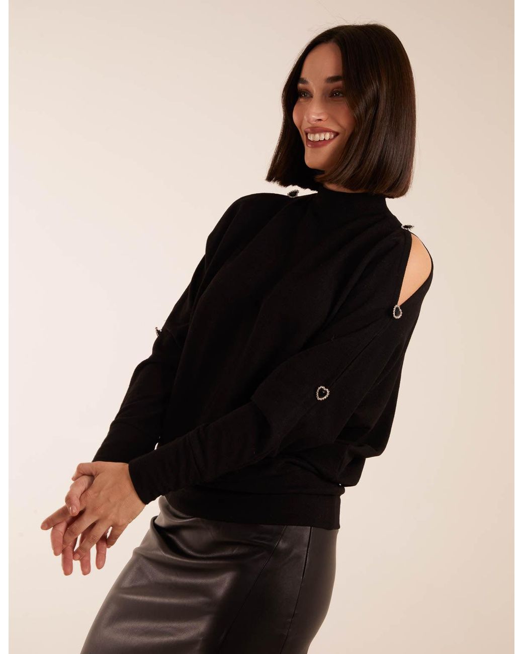 Blue Vanilla Black High Neck Heart Diamante Cold Shoulder Jumper
