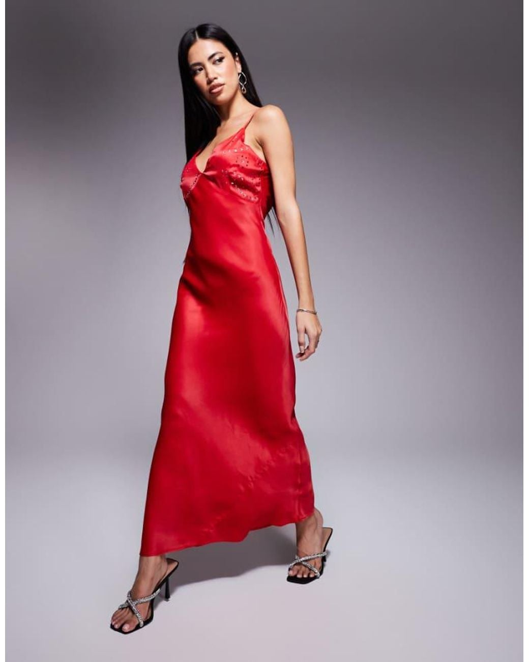 Never Fully Dressed Red Embellished Hotfix Satin Maxi Dress