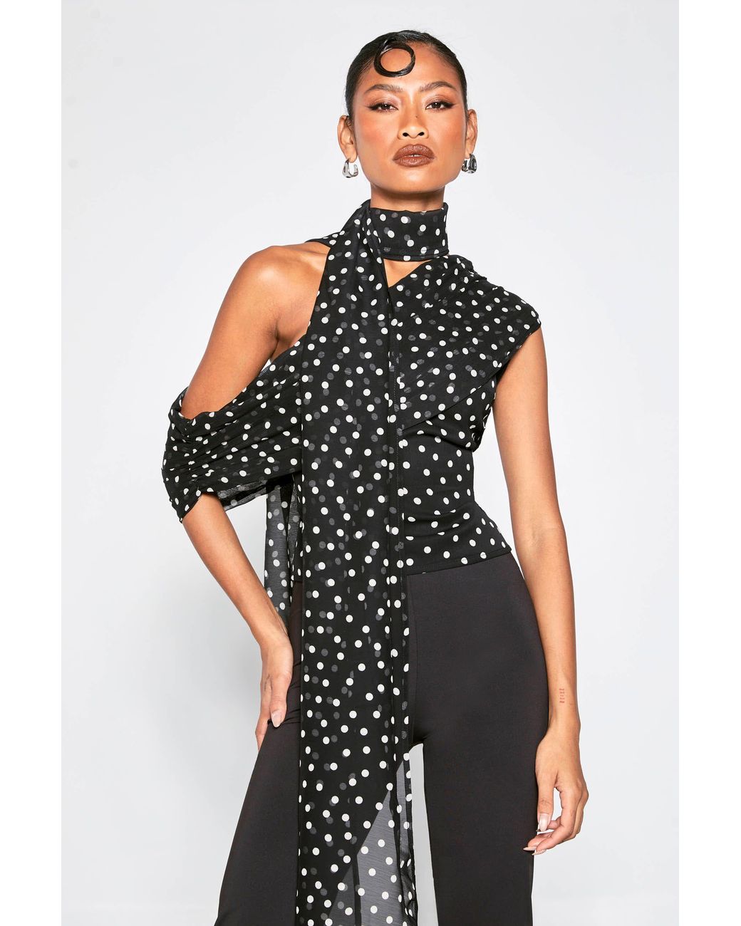 Boohoo Black Polka Dot Chiffon Asymmetric Wrap Top