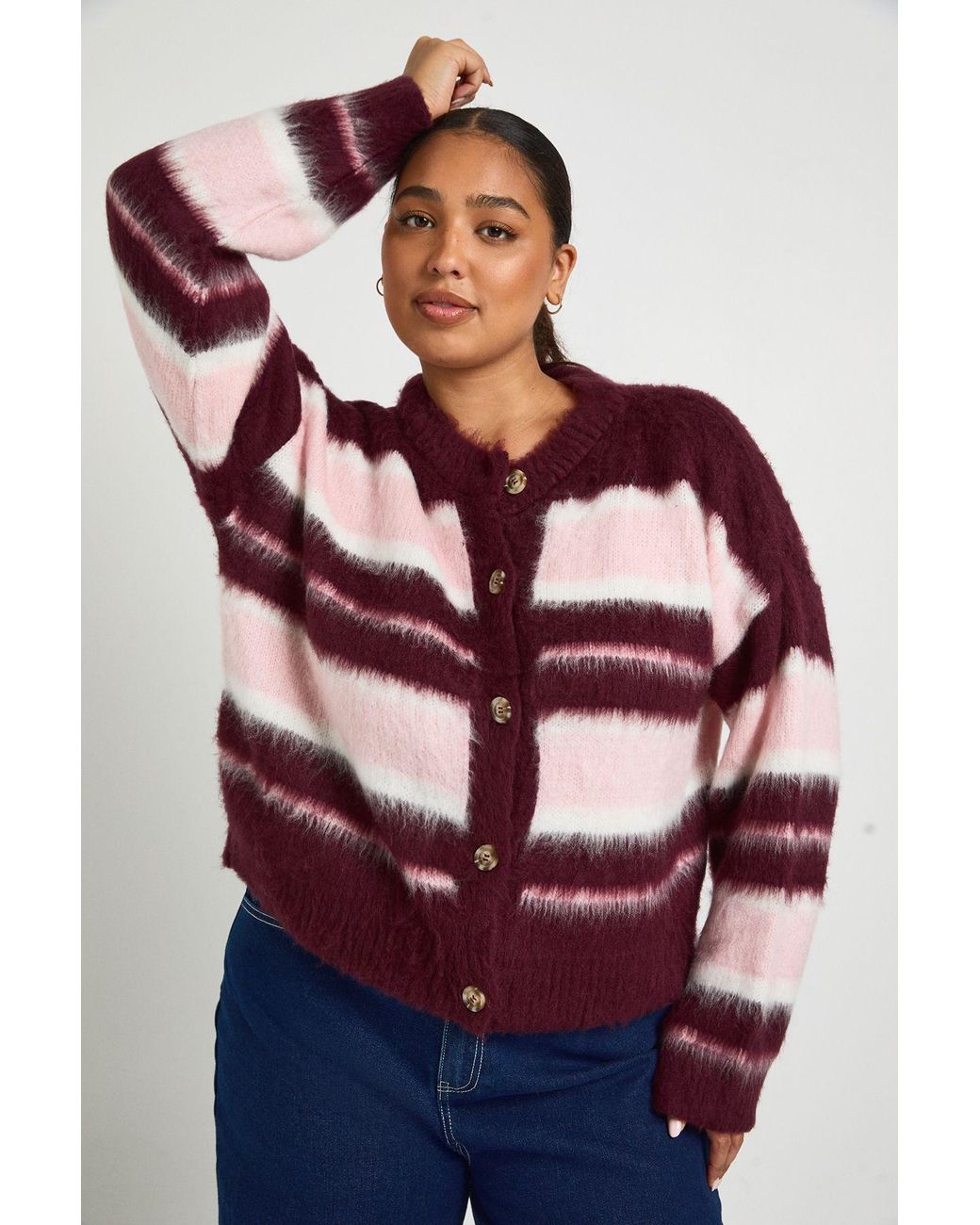 Boohoo Blue Plus Crew Neck Fluffy Stripe Cardigan