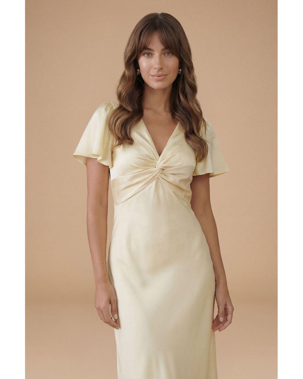Oasis Natural Butter Satin Twist Front Angel Sleeve Midi Bridesmaid Dress
