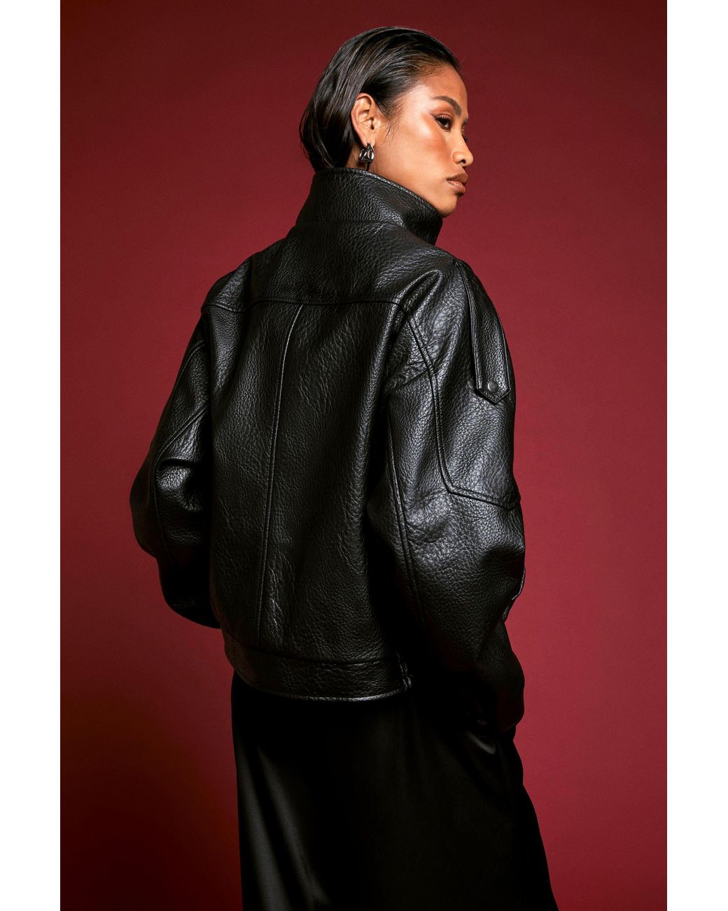 Boohoo Red Funnel Neck Pebbled Faux Leather Bomber Jacket