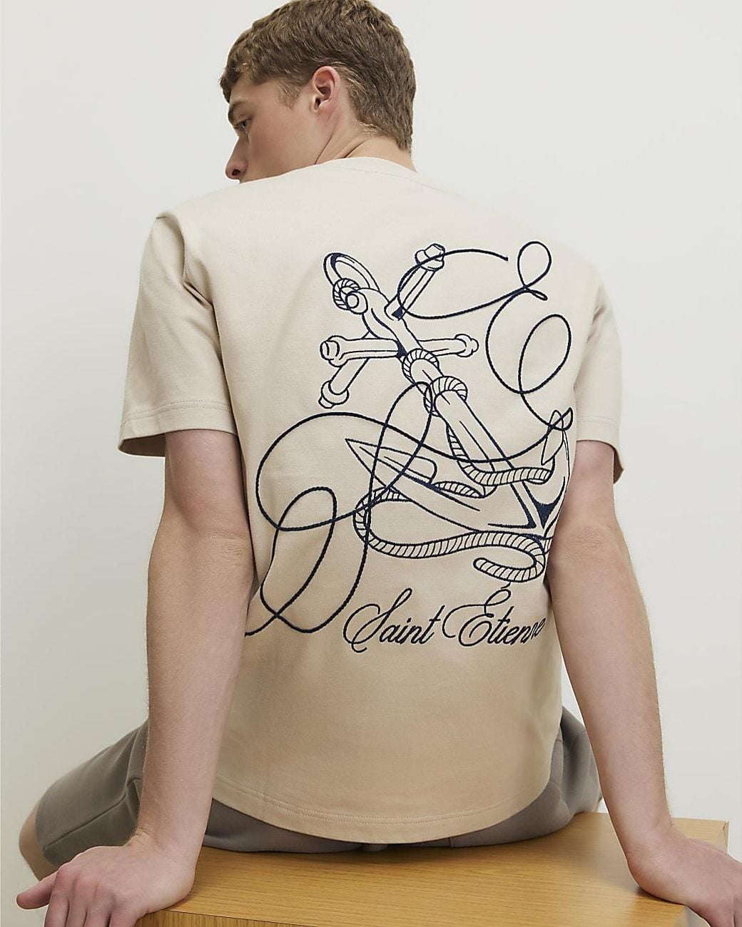 River Island Natural T-Shirt Regular Fit Cotton Anchor for men