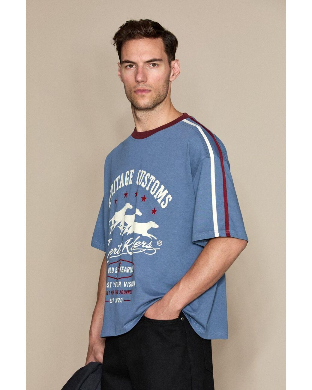 Grimelange Blue Printed Crew Neck T-Shirt for men