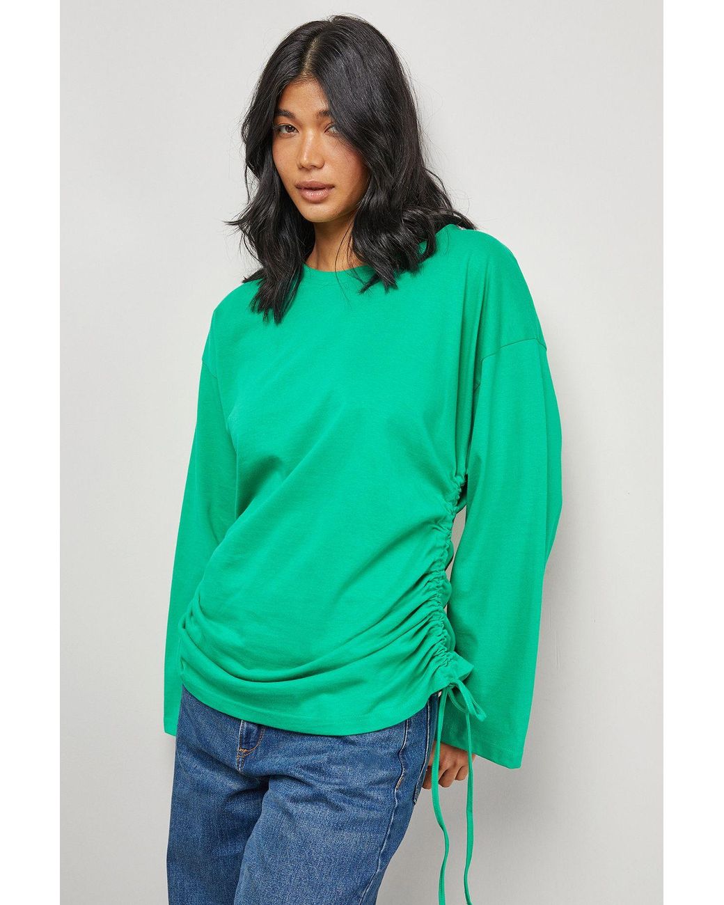 Warehouse Green Drawstring Channel 3/4 Sleeve Top