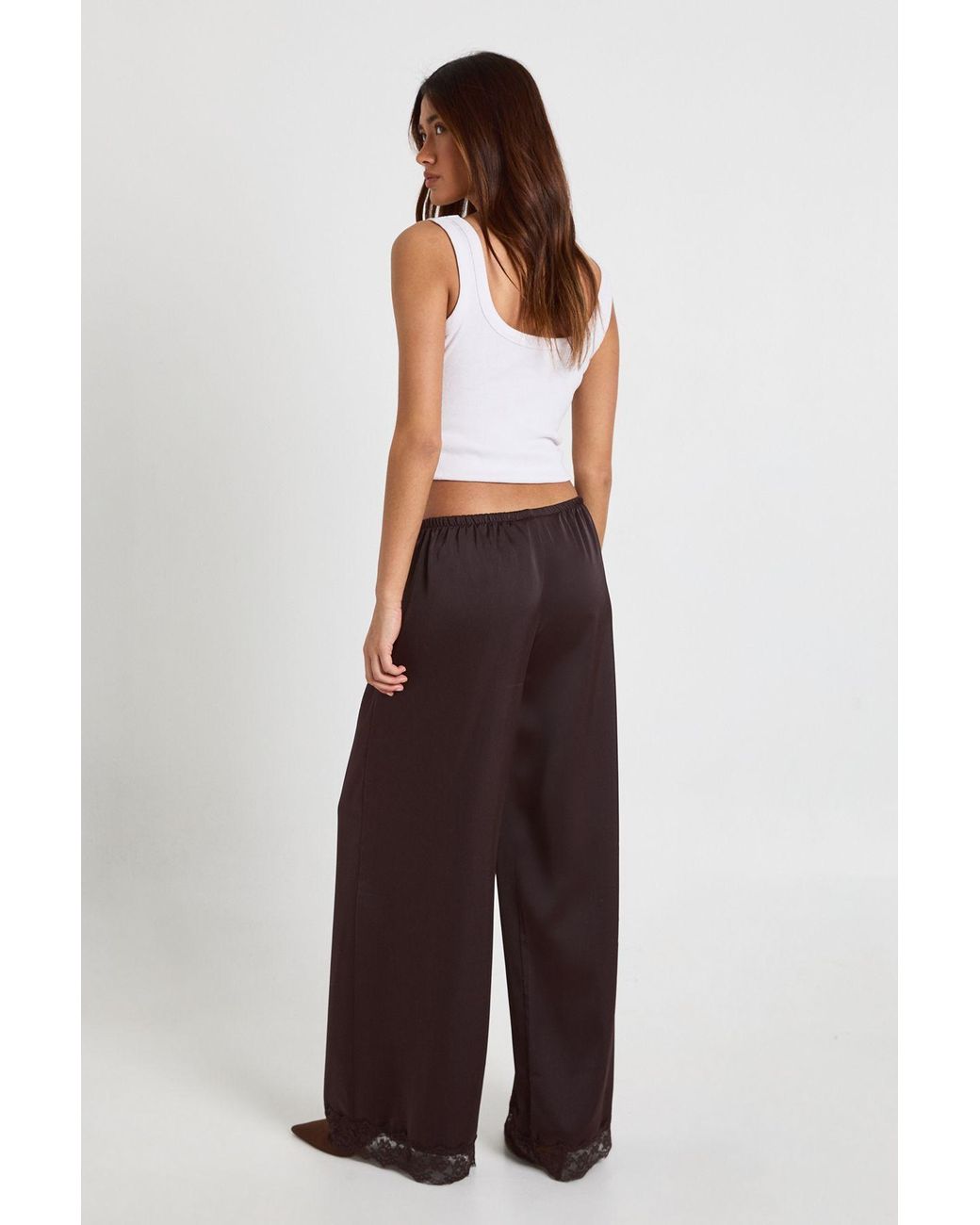 Boohoo Brown Satin Lace Trim Wide Leg Trousers
