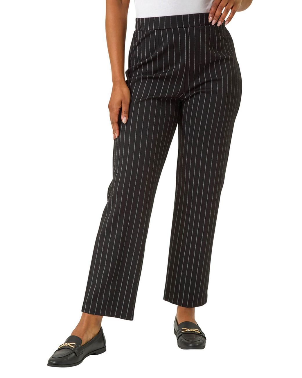 Roman Black Petite Pinstripe Stretch Trousers