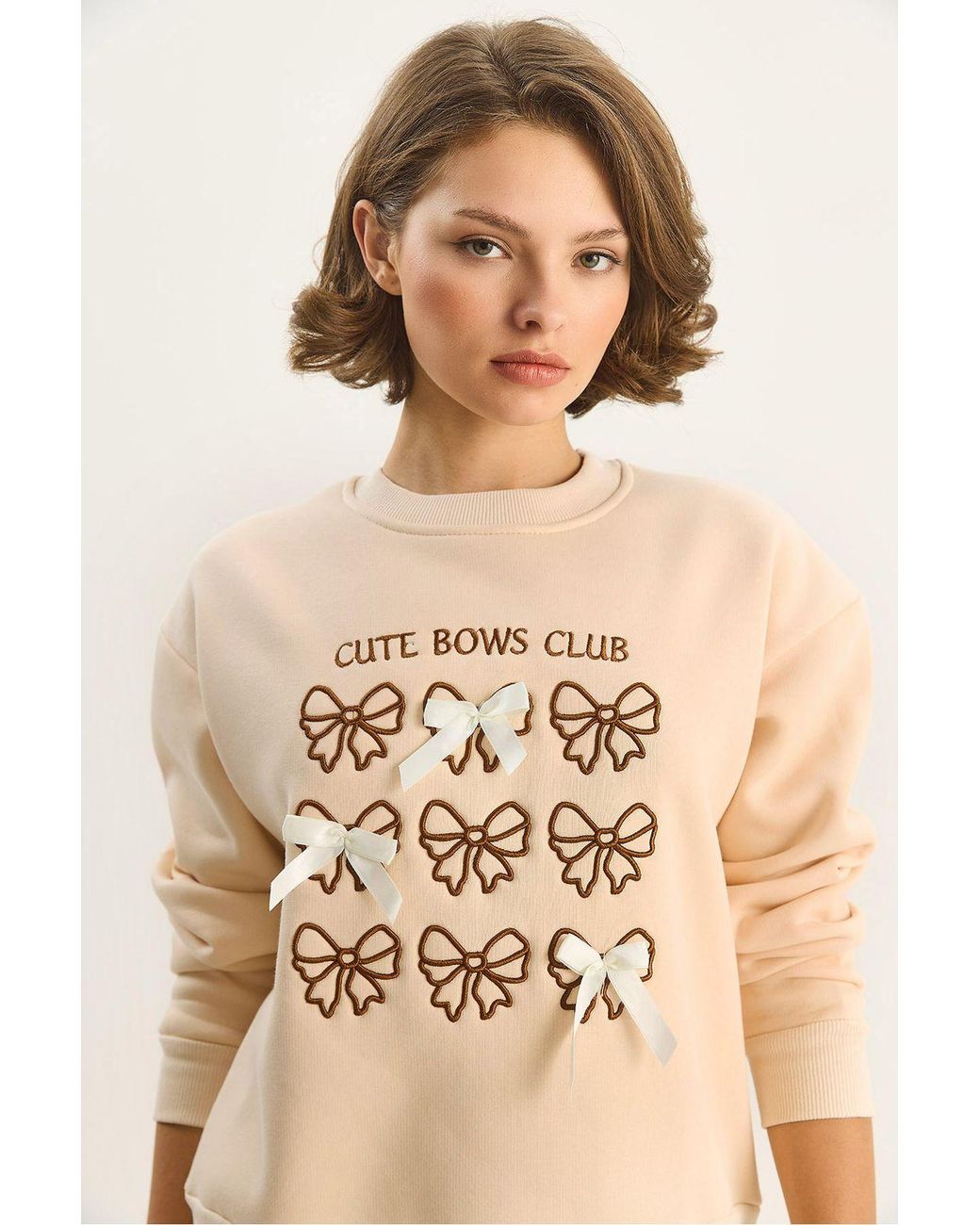 Bianco Lucci Natural Ribbed Printed Crew Neck Long Sleeve Sweatshirt