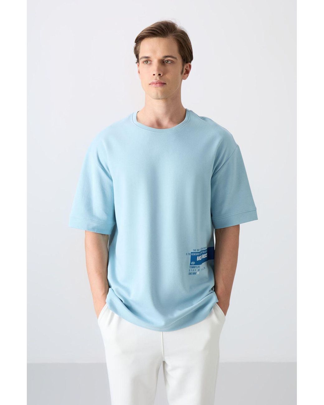 TOMMY LIFE Blue Oversized Cotton-Blend Crew Neck T-Shirt for men