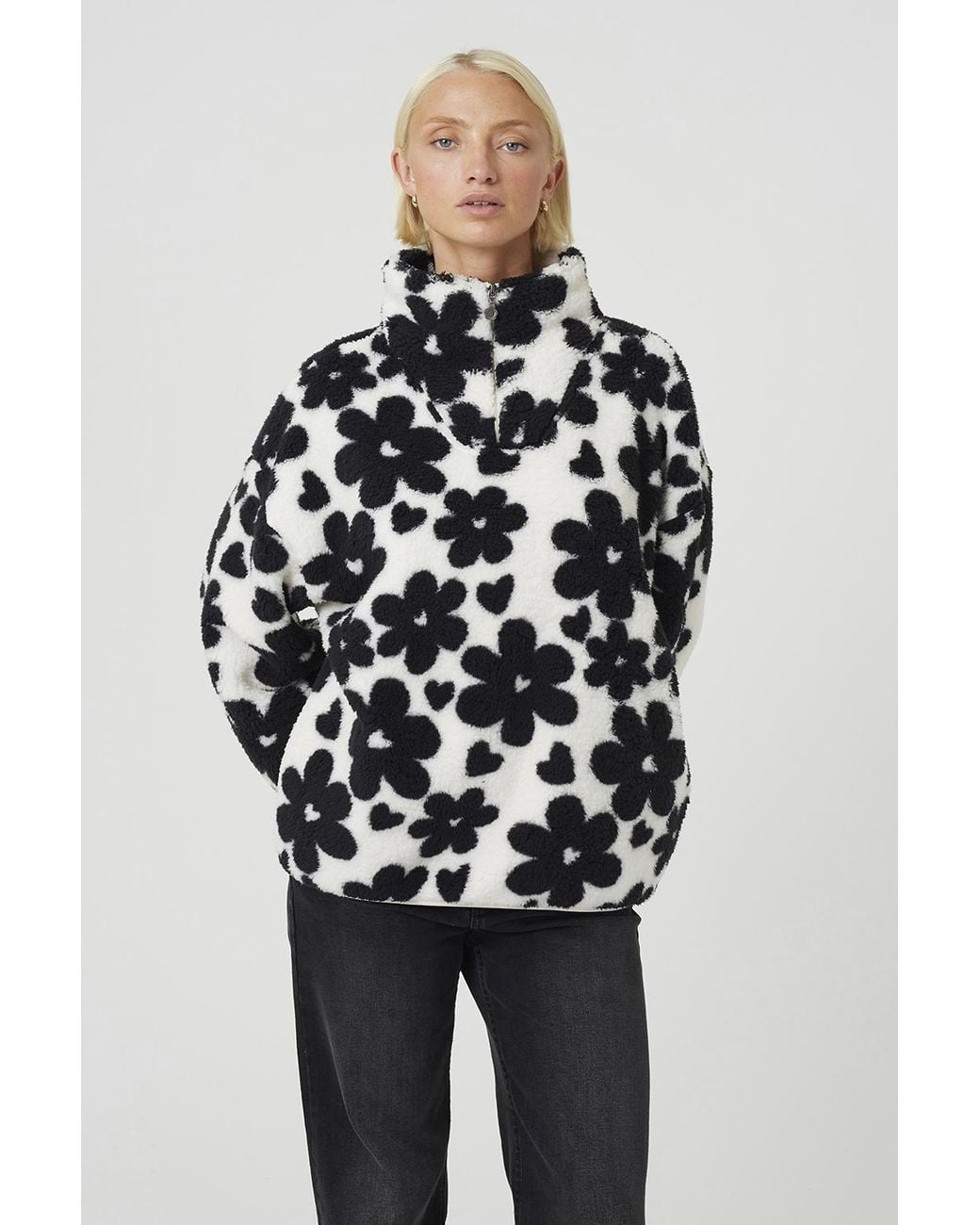 Brave Soul Blue Sherpa Fleece Floral Print Sweatshirt