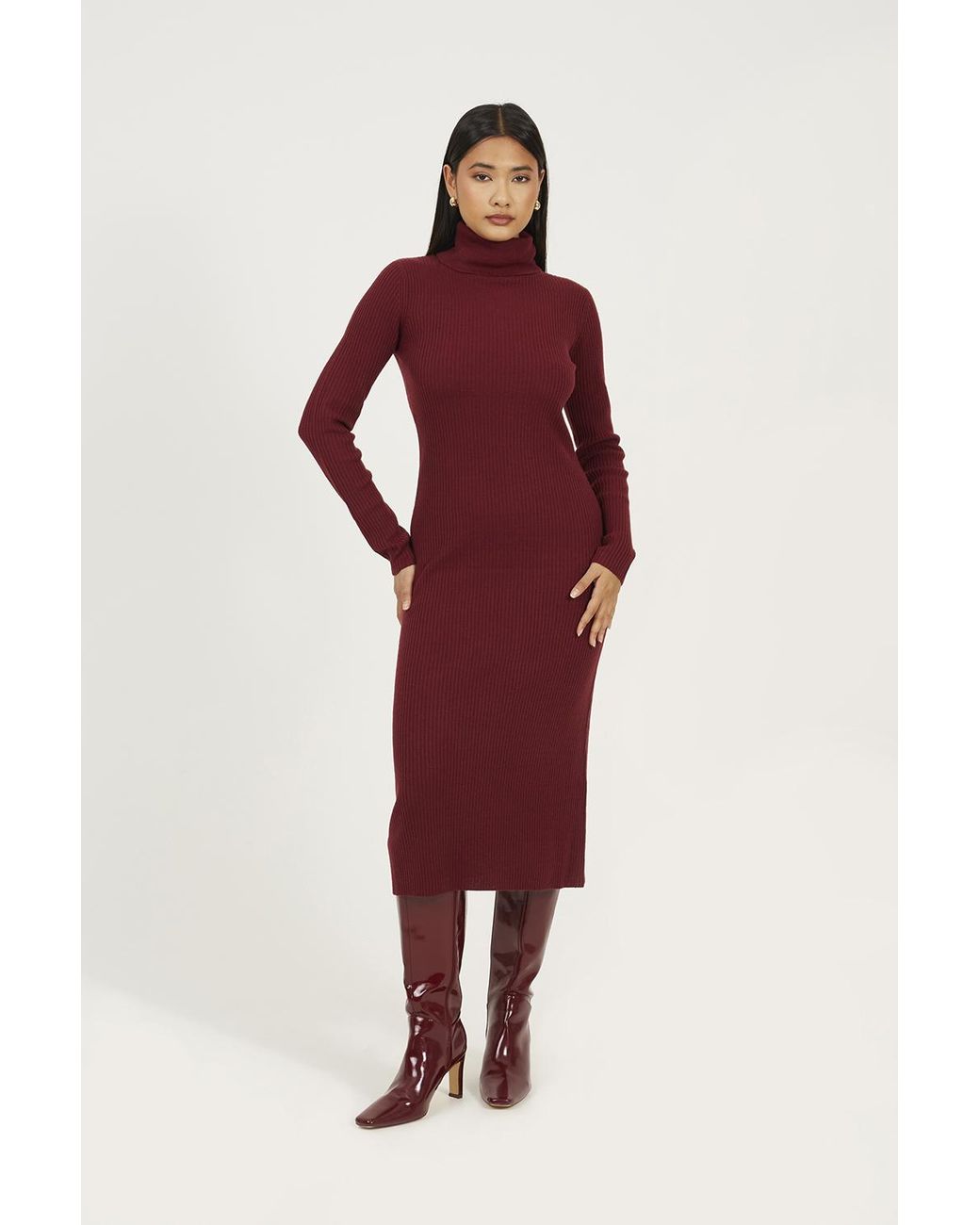 Brave Soul Red Roll Neck Ribbed Knit Midi Dress