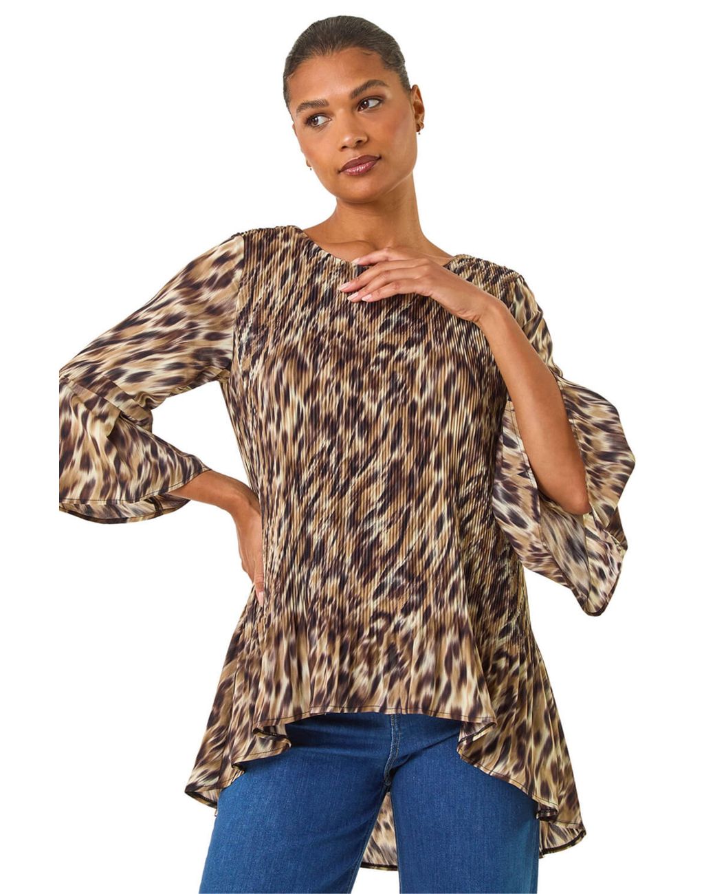Roman Brown Animal Print Pleated Top