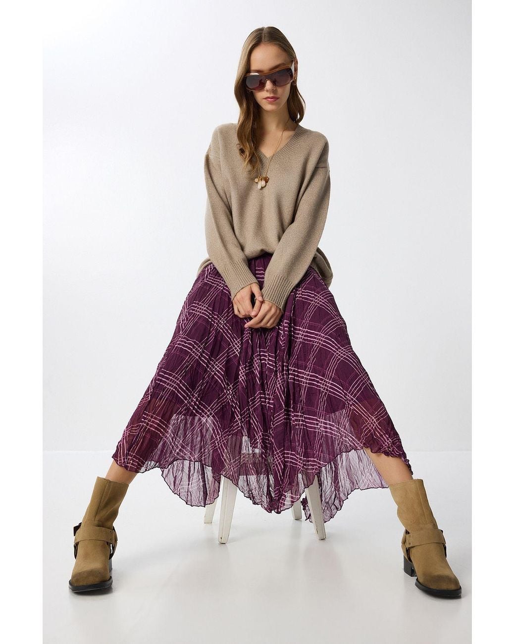 Happiness İstanbul Purple High Waist Asymmetric Midi Skirt With Zipper