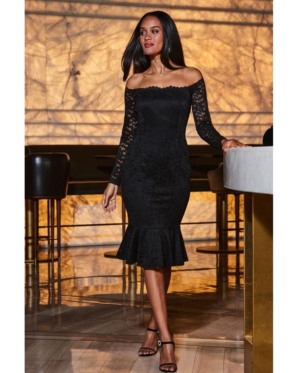 Sosandar Brown Lace Peplum Hem Bardot Dress