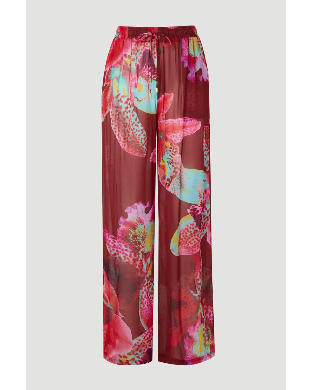 Karen Millen Red Beach Viscose Georgette Photographic Floral Wide Leg Trousers