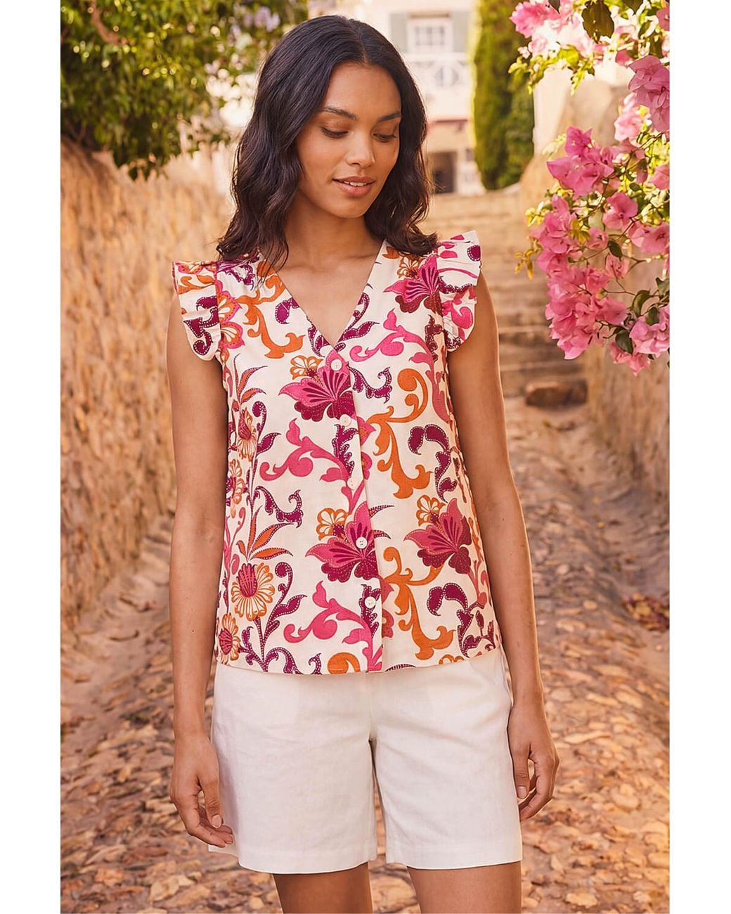 Roman Red Floral Print Frill Sleeve Blouse