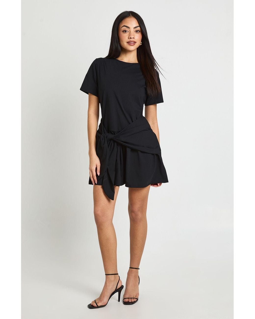 Boohoo Black Tie Waist Smock Dress