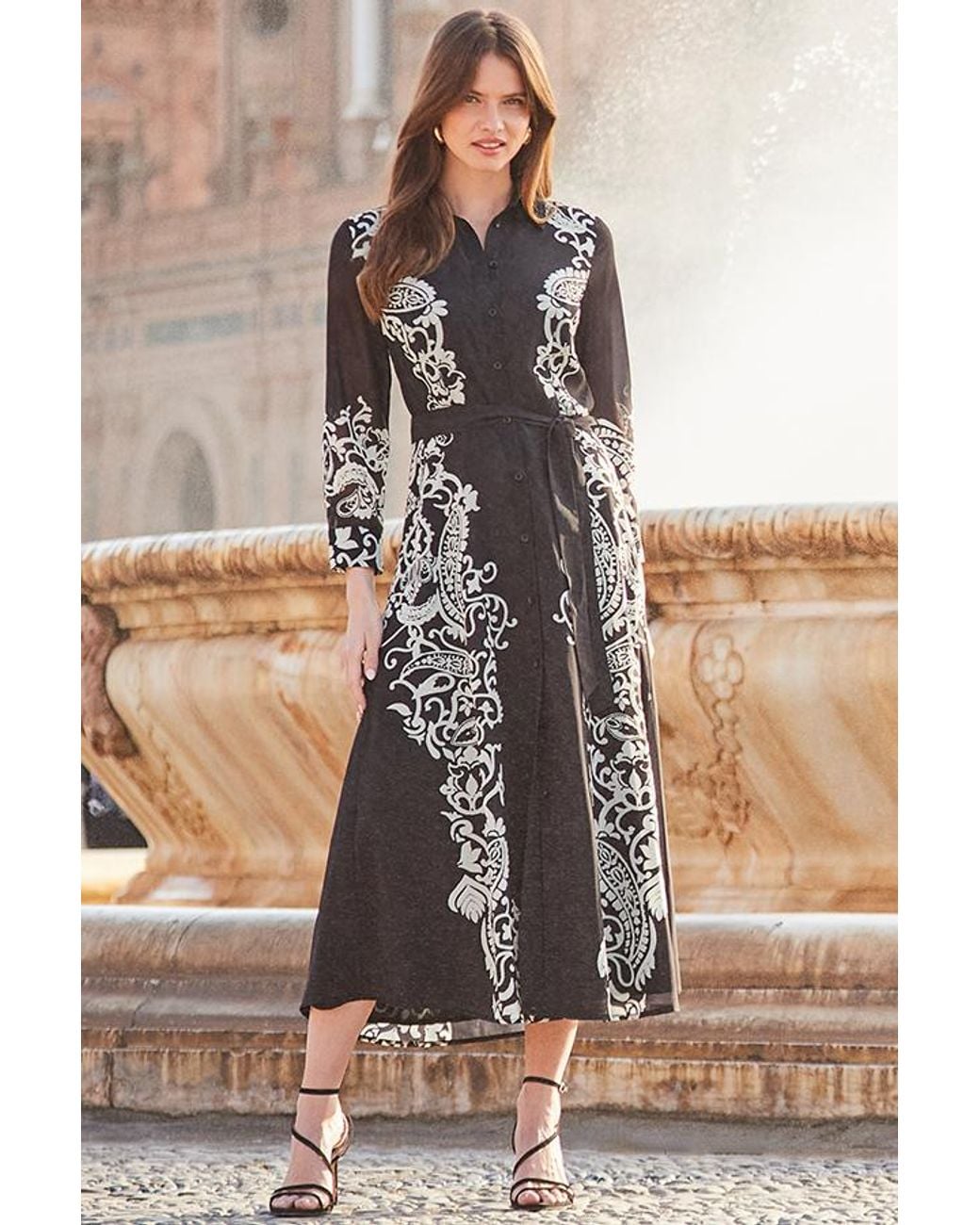 Sosandar Black Floral Print Belted Midi Shirt Dress
