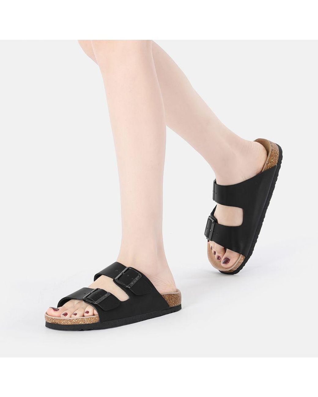 EVER AU Black Duck Leather Twin Buckle Sandals for men