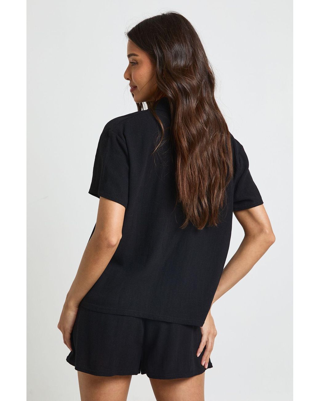 Boohoo Black Linen Look Beach Short Sleeve Shirt
